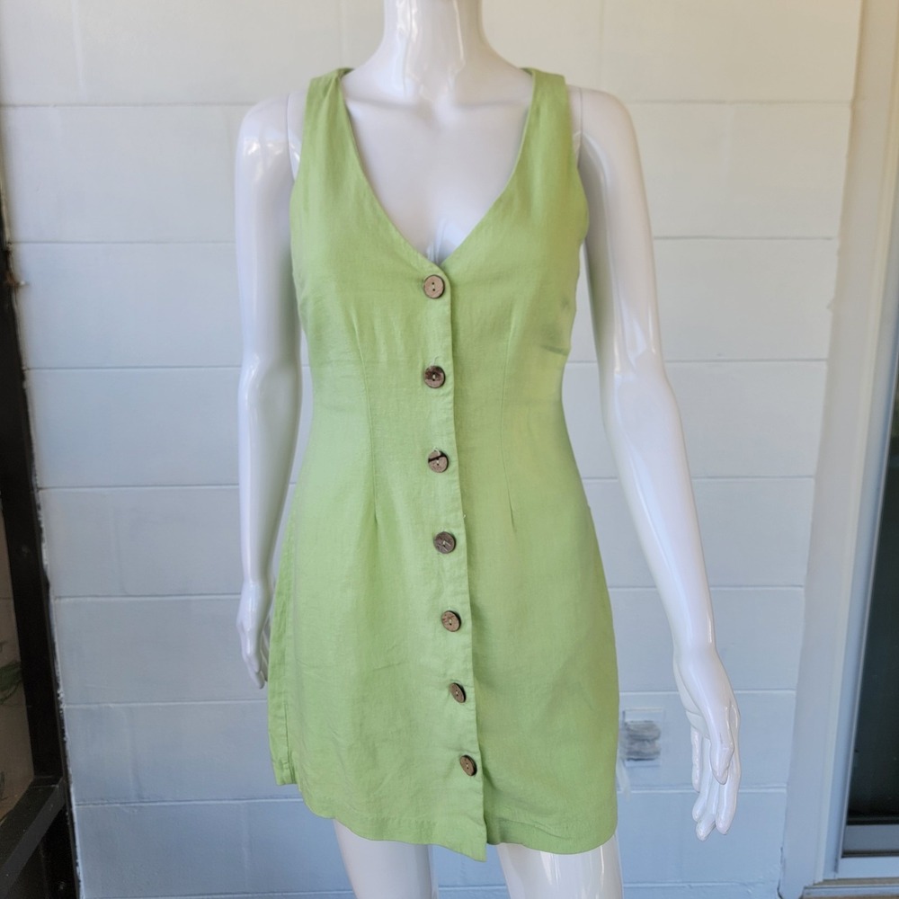 Forever 21 Green Linen Blend Mini Dress S Button-Front Sleeveless Summer Basics